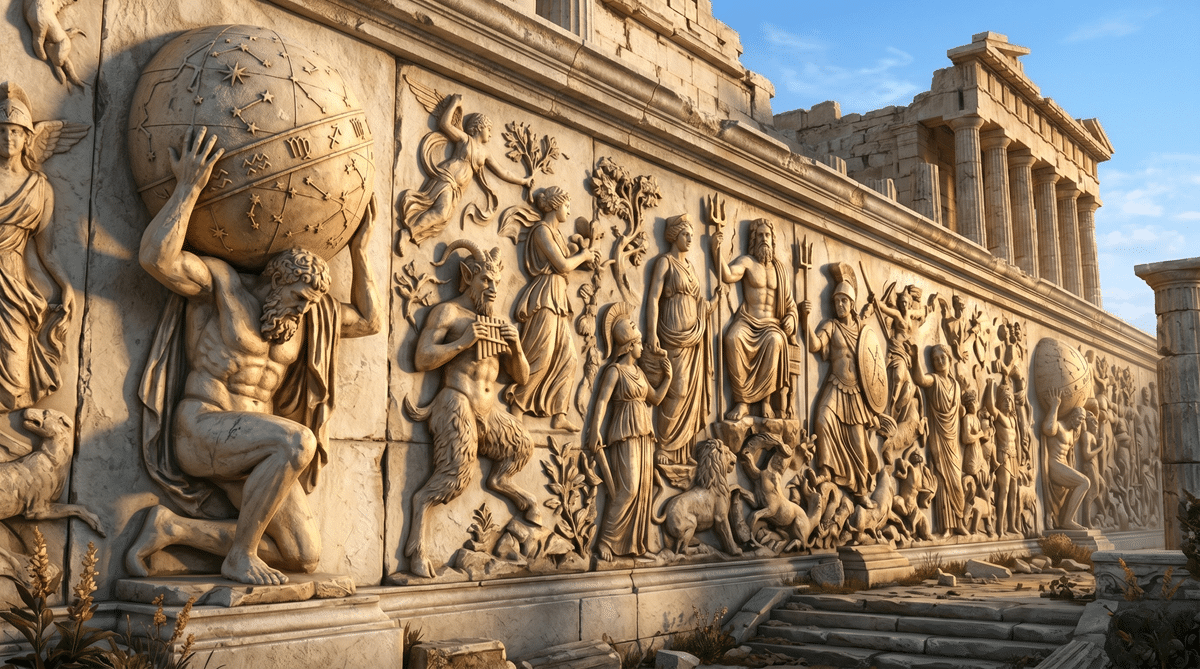 Relieves de dioses de la mitología clásica griega en mármol dorado, ilustración épica