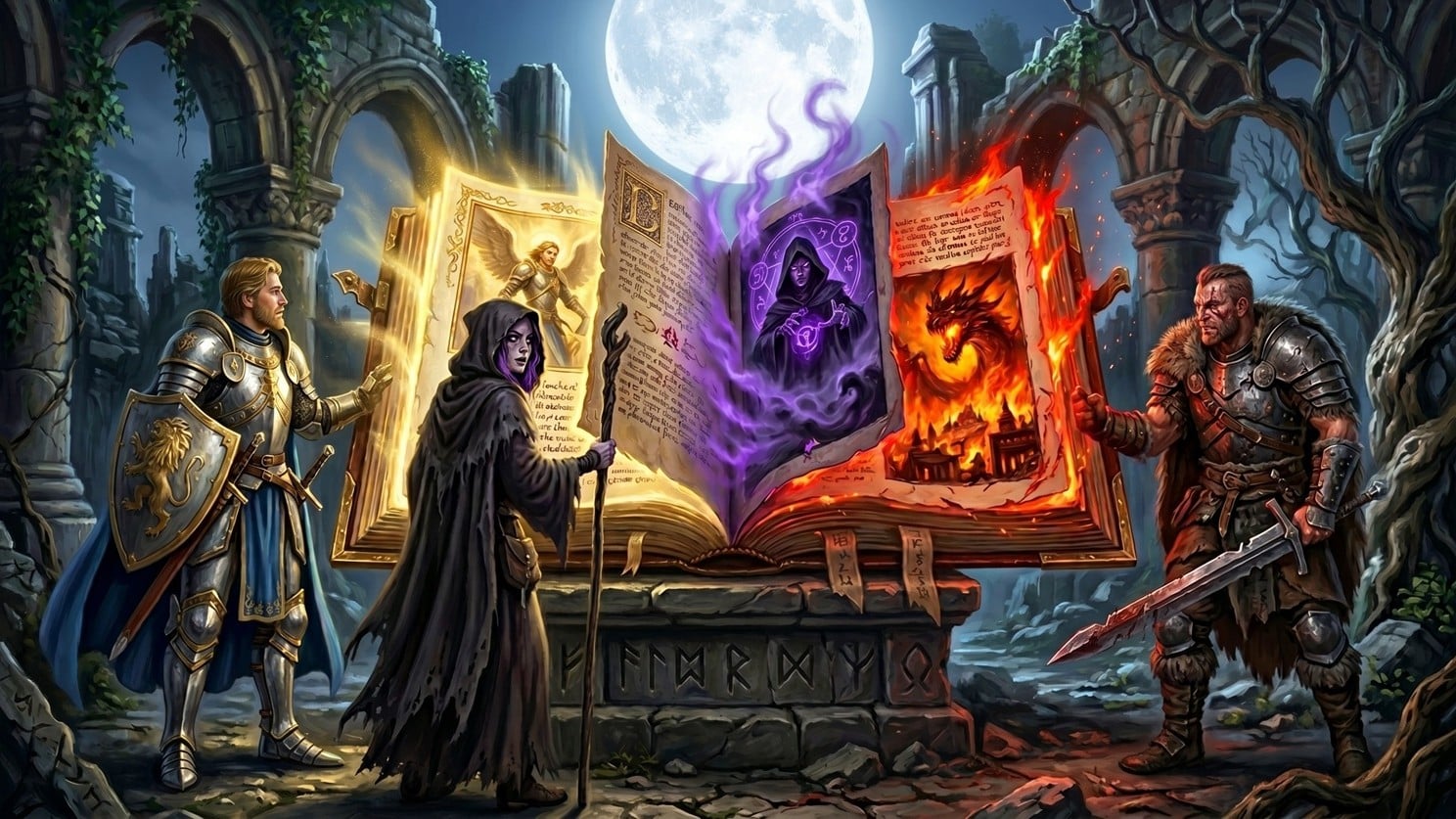 Libro antiguo iluminado por tres luces mágicas que representan la alta fantasía, la fantasía oscura y el grimdark