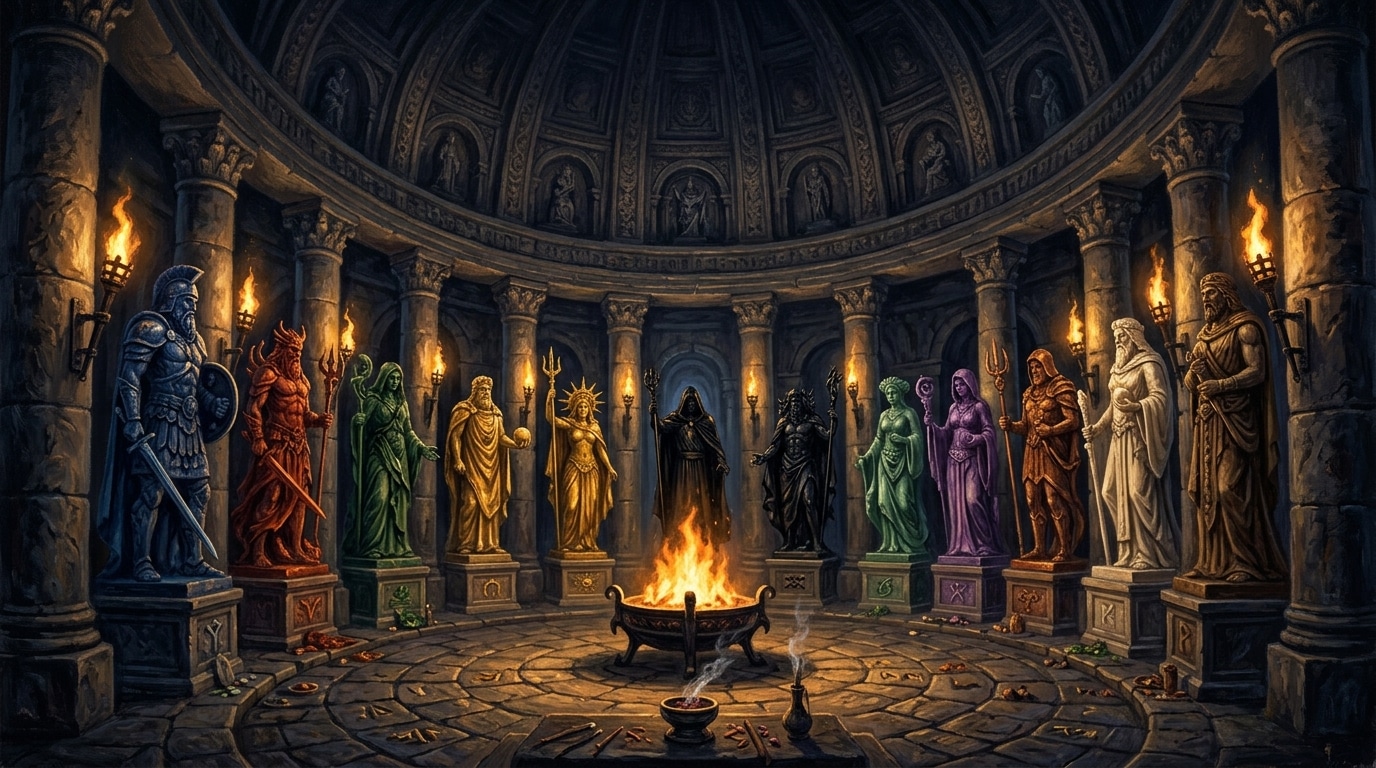 Templo circular de piedra con catorce estatuas de dioses en asamblea, iluminado por antorchas, estilo fantasía épica oscura