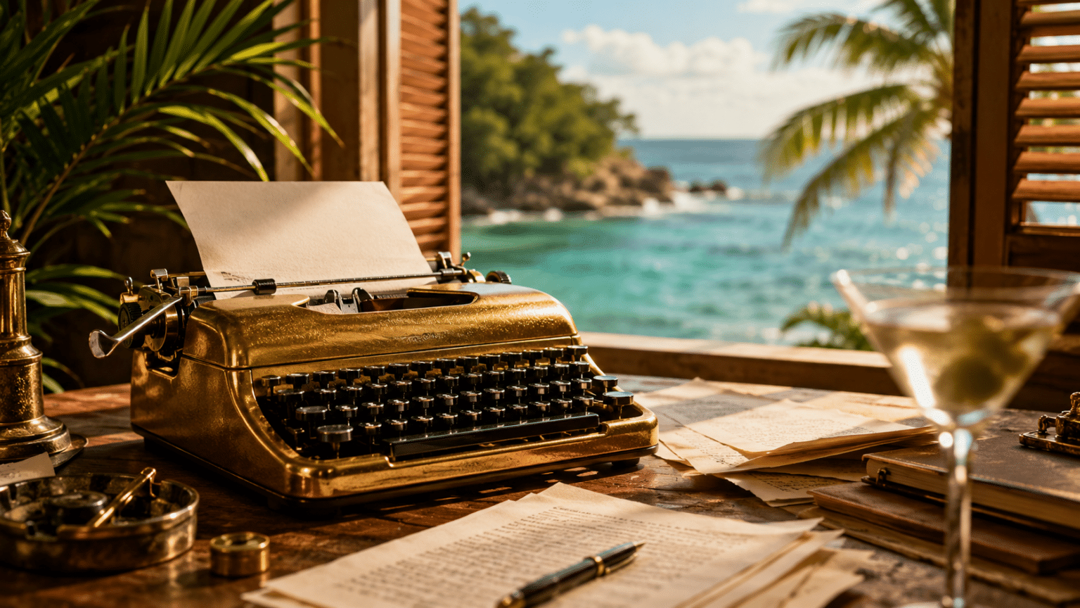Máquina de escribir vintage con folios manuscritos y el mar al fondo, símbolo del método de escritura de Ian Fleming en Goldeneye