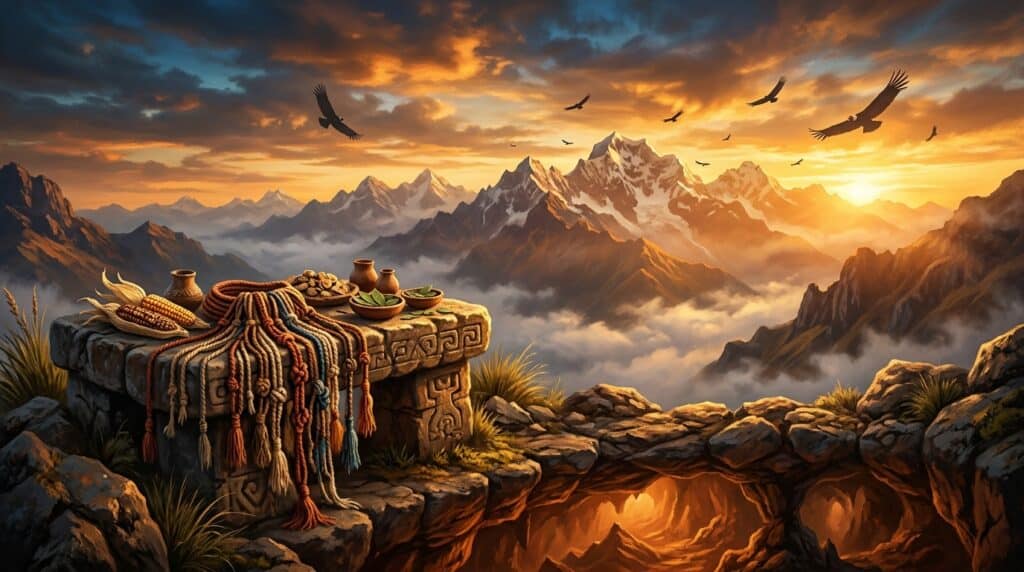 Cordillera andina con tres planos de luz representando Hanan Pacha, Kay Pacha y Uku Pacha con quipus sobre altar de piedra