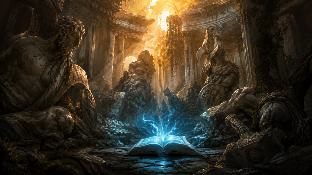 Templo antiguo en ruinas con estatuas rotas de dioses griegos y nórdicos, libro abierto que emite luz azul, representación de mitología reescrita en fantasía épica