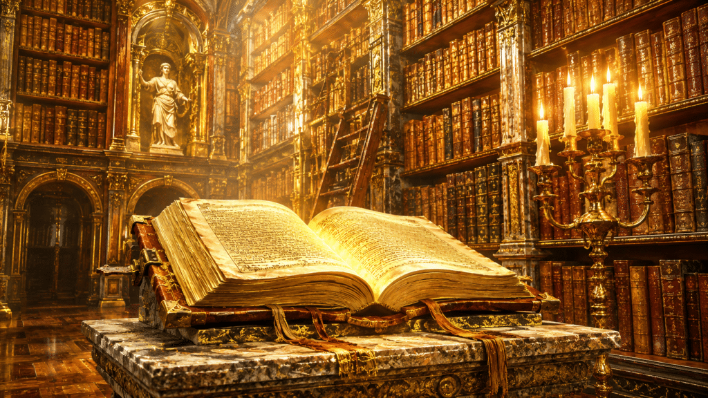 Libro abierto sobre un altar de piedra en una biblioteca de fantasía iluminada por velas, estilo ilustración épica oscura